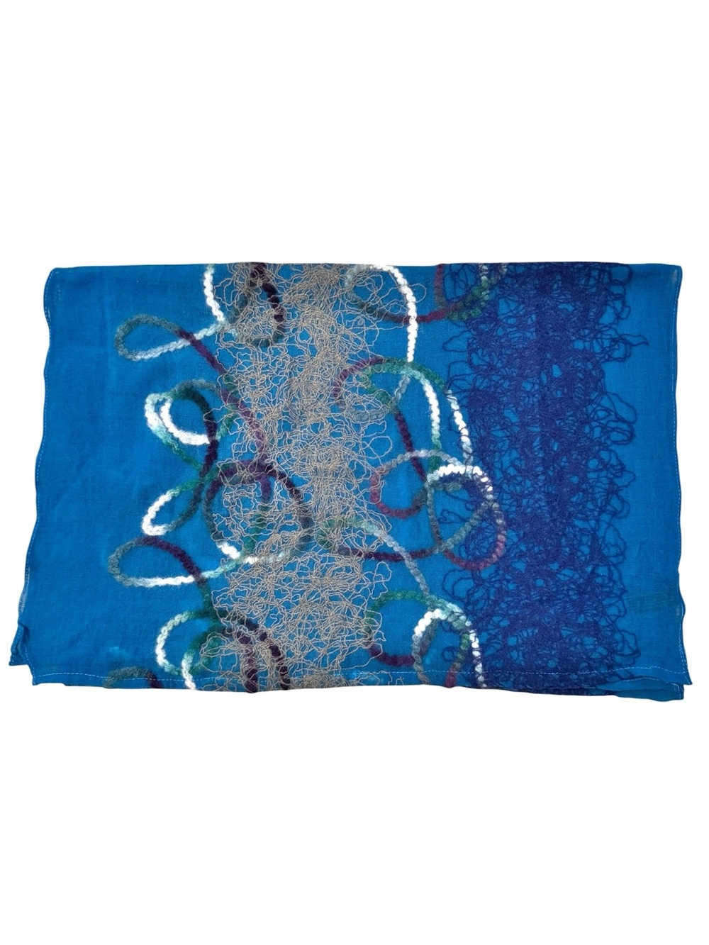 Eyeful Blue Merino Wool Embroidered Shawl Wrap 26x72 Abstract Art To Wear Boho